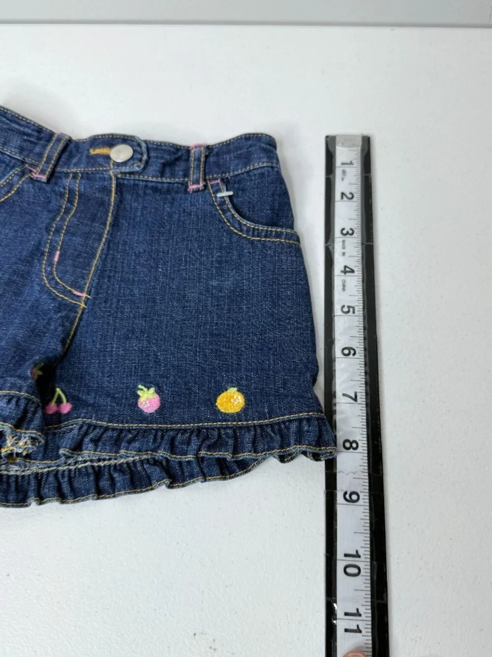 Gymboree Girls 12–18 Months Denim Shorts Fruit Embroidered Ruffle Hem